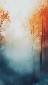 Misty autumn forest with soft orange and blue light.