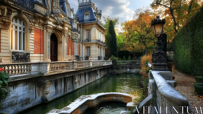 Belle Époque riverside chateau with ornate canal garden.