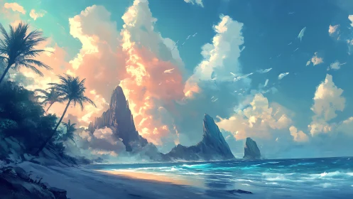 Rocky Coastal Landscape with Geological Formations and Cloud Sky