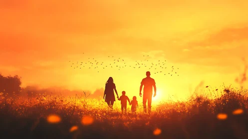 Silhouetted family walking in field against orange sunset sky.