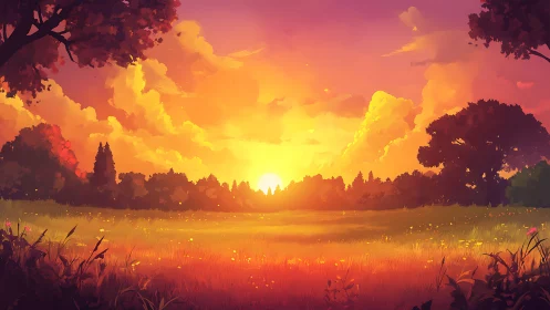 Golden sunset ignites a tranquil meadow under glowing clouds