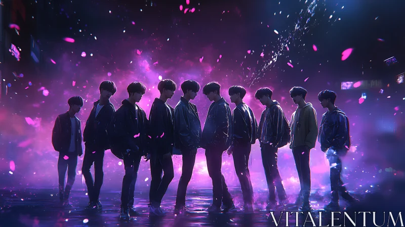 Silhouetted youths in neon mist with scattered petals at night.