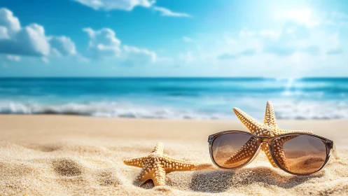 Starfish and sunglasses on sunny tropical beach sand.
