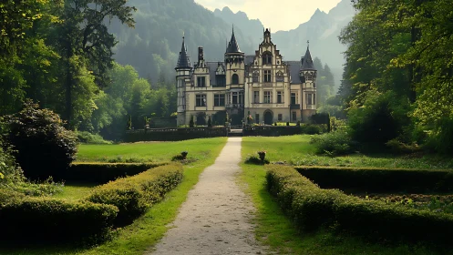 Neo-gothic castle rises beyond manicured forest garden.