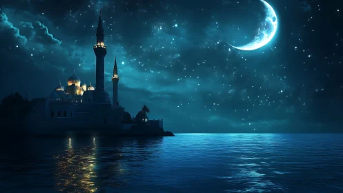 Coastal mosque silhouette under crescent moon and stars at night.