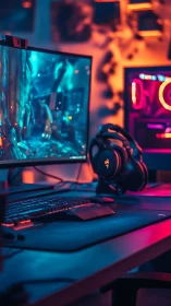 Cozy neon gaming desk glowing with immersive color and life.