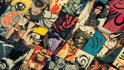 Collaged anime character panels with bold graphic symbols.
