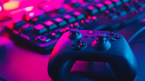 Neon-lit gaming controller with RGB keyboard background focus.
