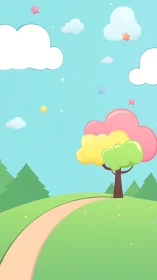 Pastel hillside path under candy-colored clouds and tree.