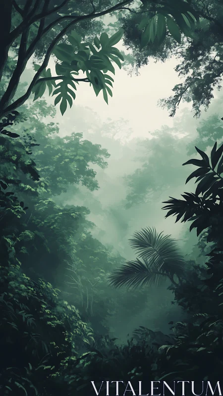 Misty tropical forest canopy with layered vegetation and filtered light