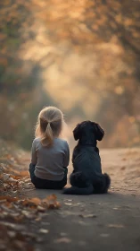 Girl and black dog seated together on autumn path.