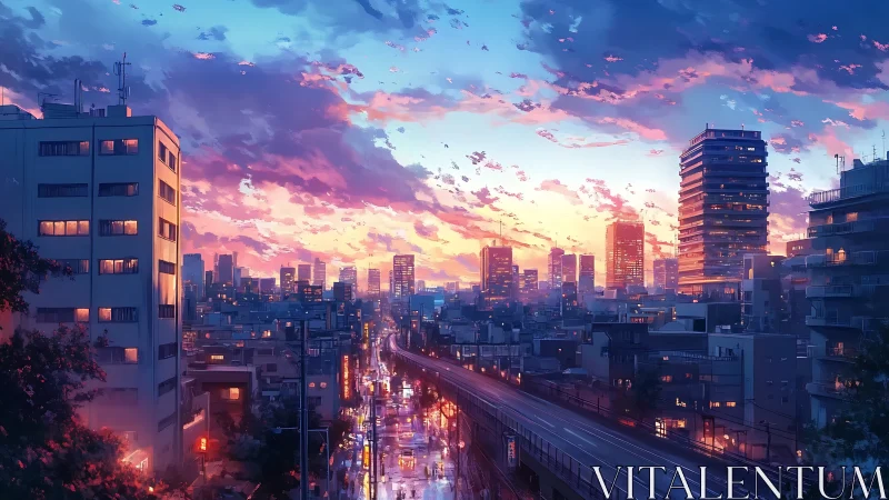 Evening city lights glow gently beneath a painted sunset sky