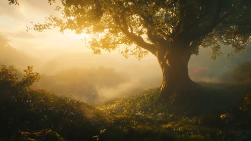 Solitary Giant Breathes Golden Hour Magic Through Misty Forest
