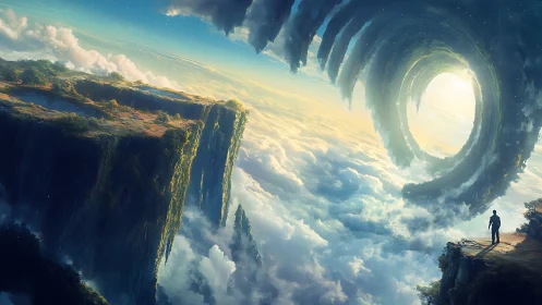 Silhouette observes spiral cloud portal above floating cliffs