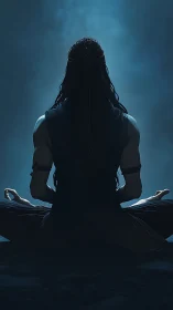 Mystic yogi silhouette in moonlit blue atmospheric backlight.