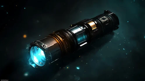 Futuristic cylindrical device projects blue luminescent beam