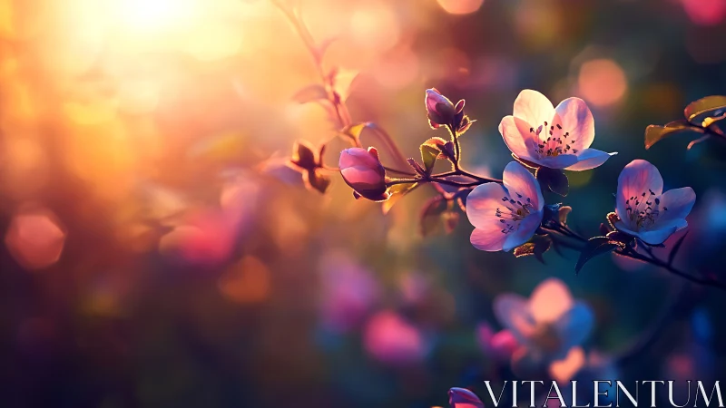 Pink flowers photographed through selective focus with warm sunlight backlighting