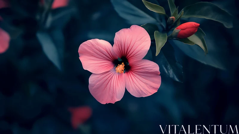 Pink Hibiscus Against Teal Foliage.