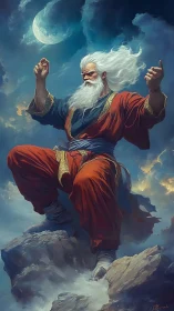 Elderly robed figure on rocky peak under moonlit sky.