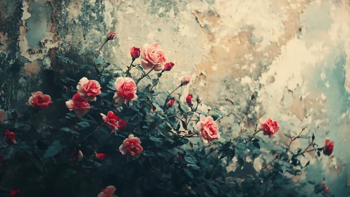 Roses Blooming Against Weathered Beauty.