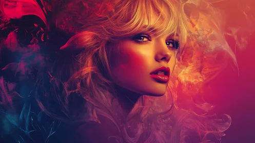 Digital portrait of woman in vivid red and orange light.