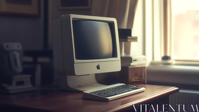Retro Apple desktop computer sits on wooden office desk