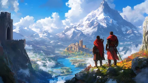 Two cloaked figures observing a mountain valley citadel.