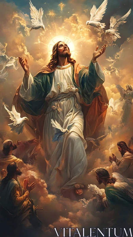 Christ ascends through radiant clouds and circling doves.