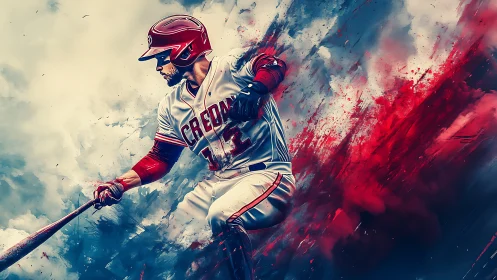 Dynamic digital painting of baseball player mid swing.