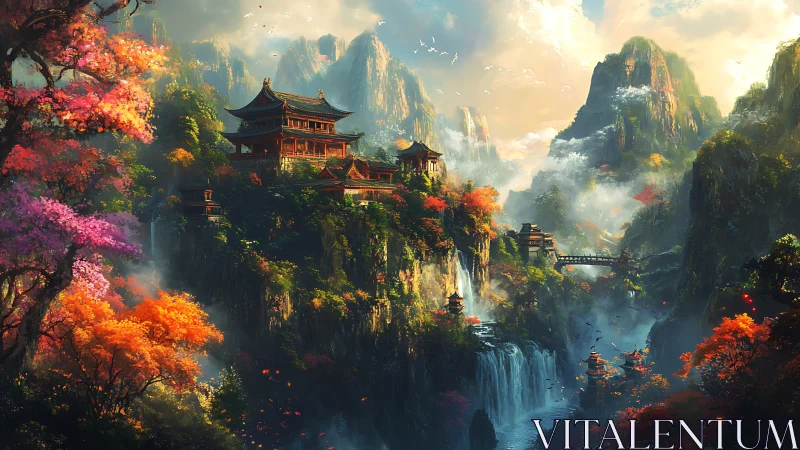 Mountain temple complex rises above misty cascading waterfalls