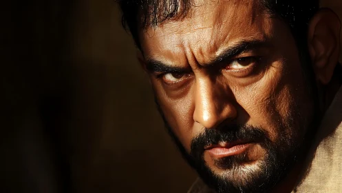 Intense bearded man in harsh side light close-up portrait.