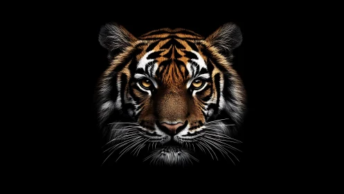 Tiger portrait emerges from darkness with piercing gaze.