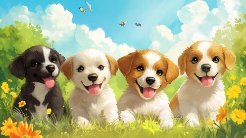 Sunlit puppy quartet serenading a meadow in golden giggles.