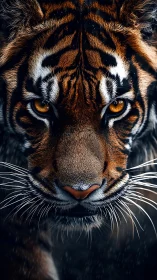 High-contrast frontal tiger portrait with razor-sharp fur detail