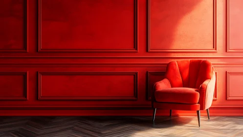 Red upholstered armchair stands before paneled red wall