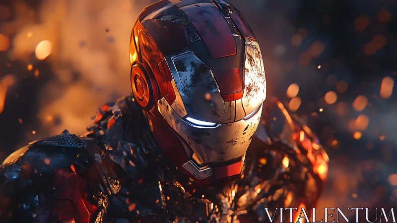 Battle damaged red metal suit helmet glows amid rising embers