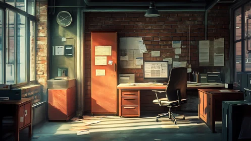Sunlit industrial office with brick wall workstation focus.