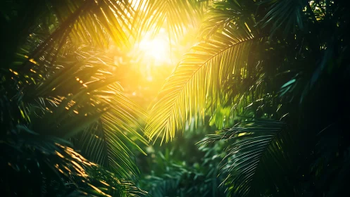 Sunlit jungle canopy where emerald fronds drink firelight.