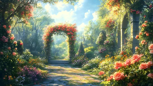 Digital painting of luminous rose arbor in formal garden.