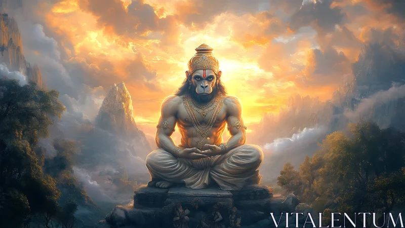 Serene divine warrior in meditation before glowing sky.