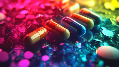 Vibrant Capsules and Tablets on Neon Abstract Surface, Modern Art.