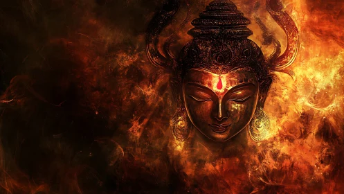 Bronze deity face emerges from turbulent fractal firefield background