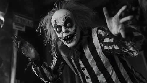 Monochrome undead jester lunging with exaggerated perspective.