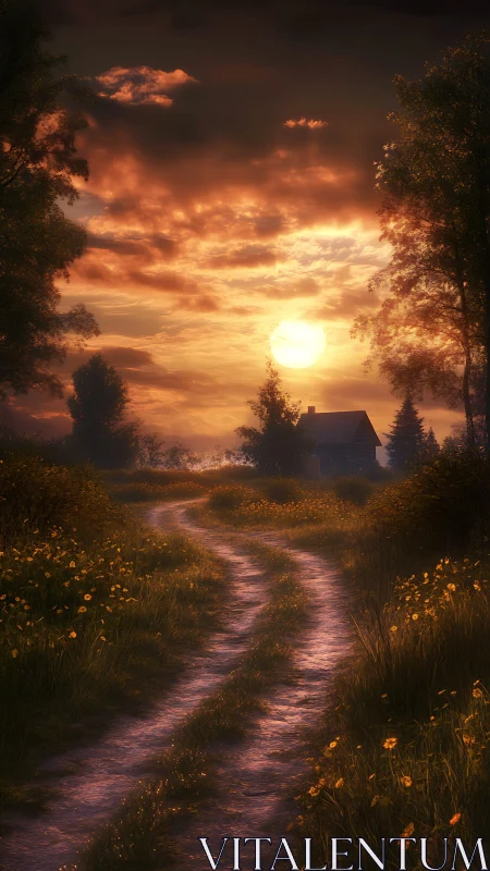 Rural dirt path curves toward distant cottage at sunset glow