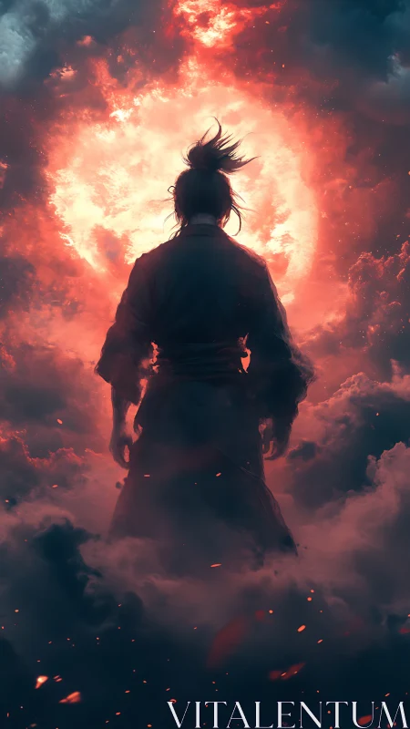 Lone warrior embraces a blazing sky of firelit clouds