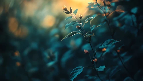 Soft evening glow embracing a single delicate forest sprig.