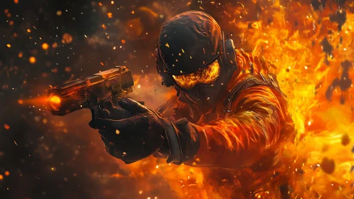 Armed figure engulfed in flames and fire.