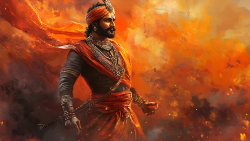 Regal warrior strides through swirling embers and flame.