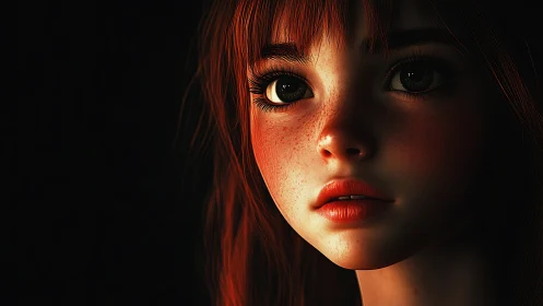 Digital portrait shows close red-haired face in warm light