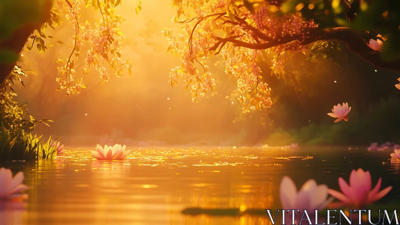 Radiant lotus pond under volumetric golden-hour bloom field.